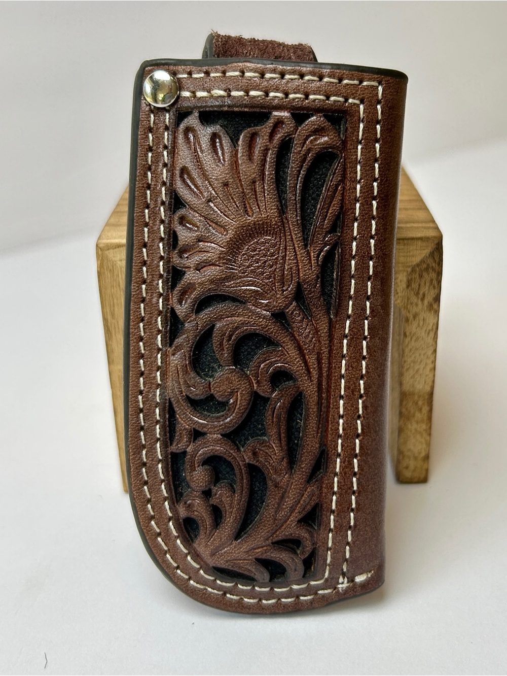 Western Tooled Leather Knife Sheath Brown Floral Belt Loop 3.5”